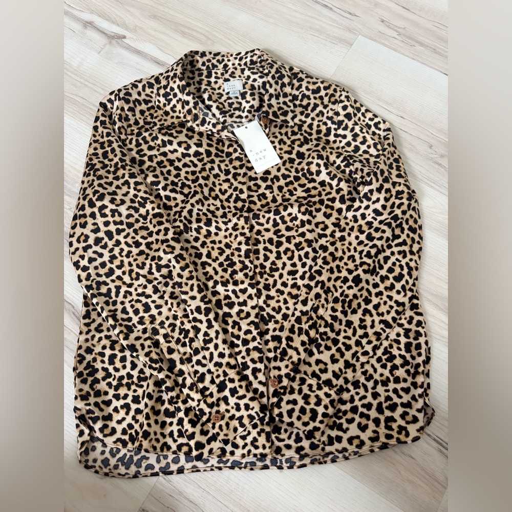a new day Leopard Print Button-Down Satin Shirt - Tan & Black
